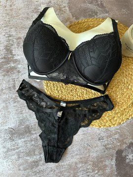 Ажурный комплект белья бюстье push-up и трусики-танга черный 75C 2313 фото