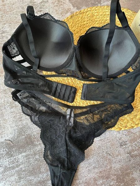 Ажурный комплект белья бюстье push-up и трусики-танга черный 75C 2313 фото