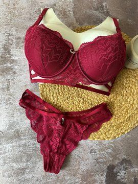Ажурный комплект белья бюстье push-up и трусики-танга бордовый 85C 2313 фото